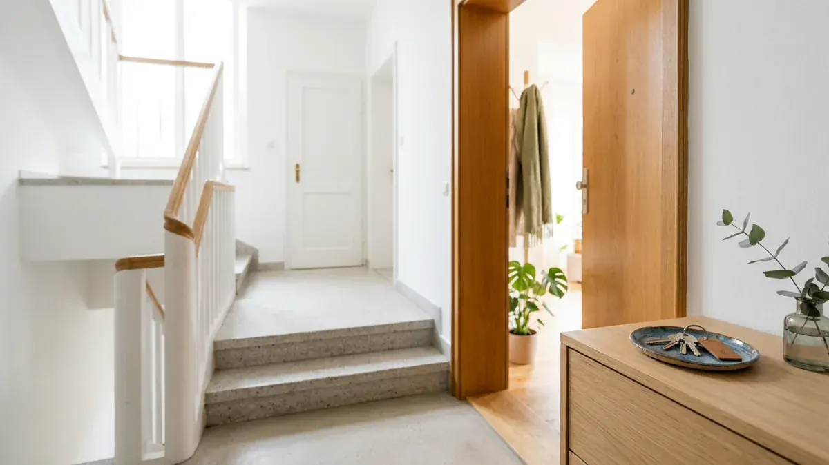 Wohnungstür in einem gepflegten Mehrfamilienhaus mit Schlüsselbund im Vordergrund