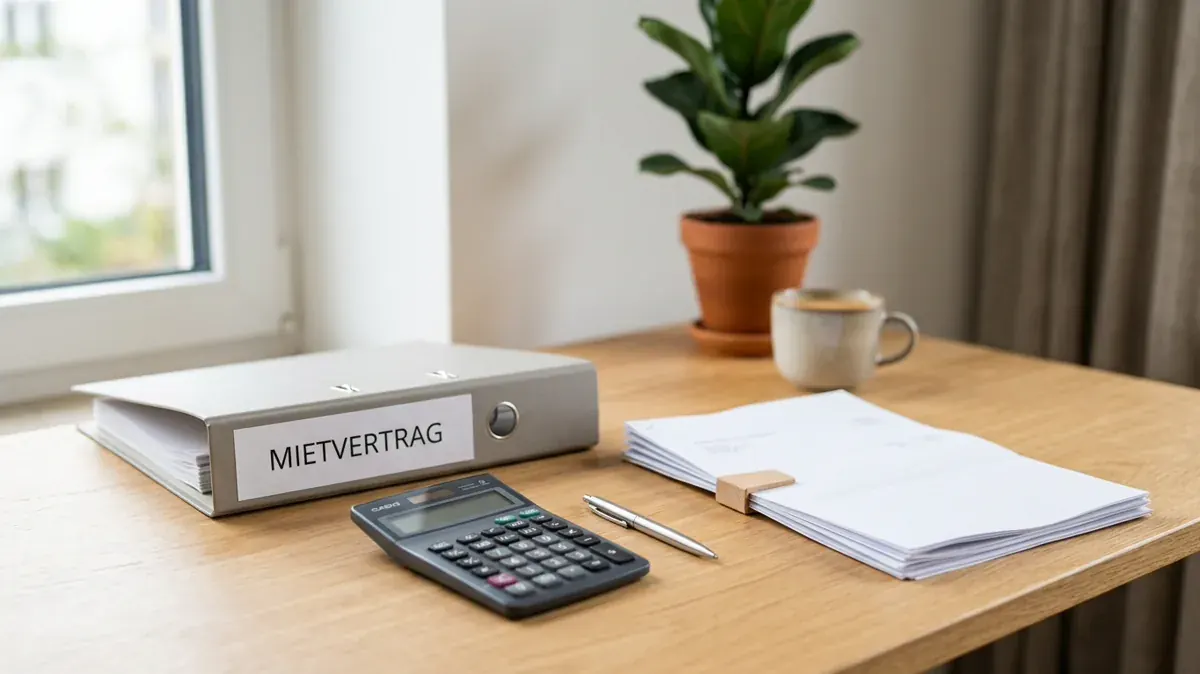 Schreibtisch mit Ordner und Kontoauszügen zur Verwaltung der Mietkaution