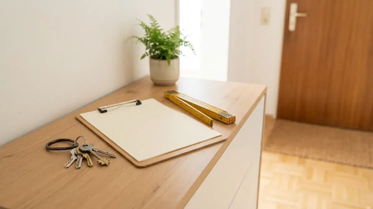 Schlüssel und Klemmbrett für das Übergabeprotokoll in einer leeren Wohnung