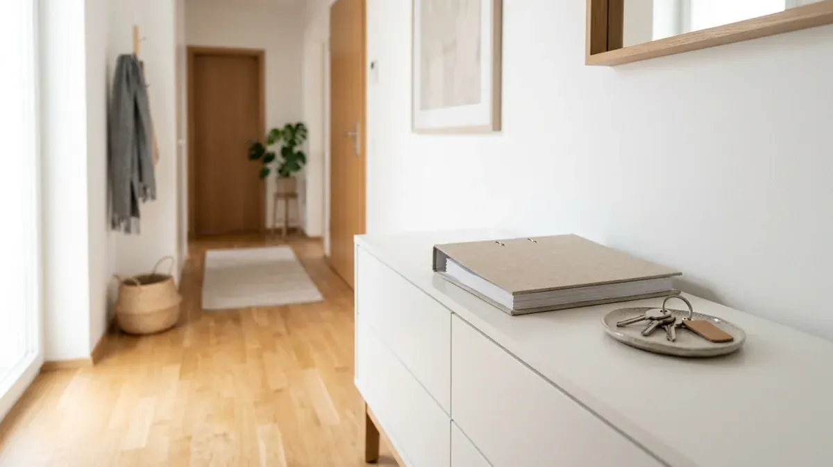 Schlüsselbund und Unterlagenordner in einem hellen Wohnungsflur